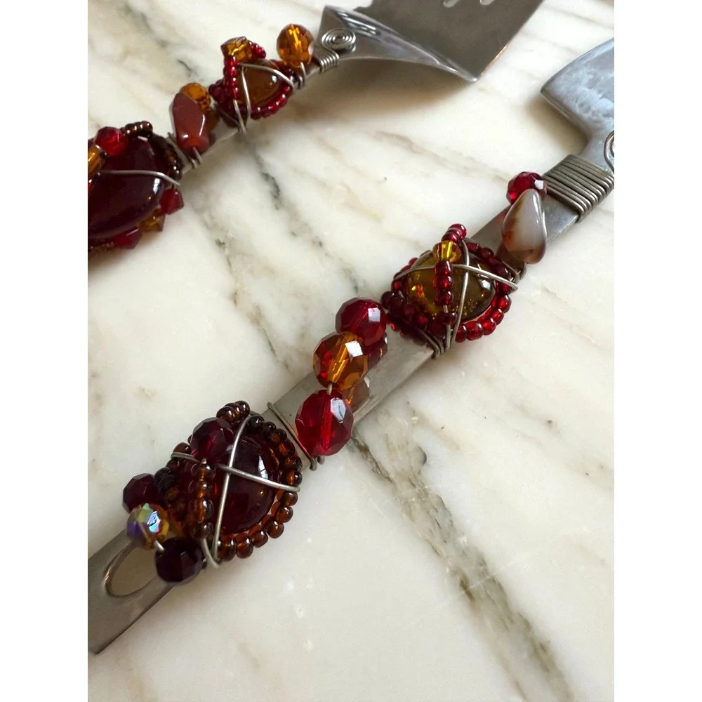 Vintage Faberware Y2K Decorative Beaded Cake Knife & Server Set Red Amber